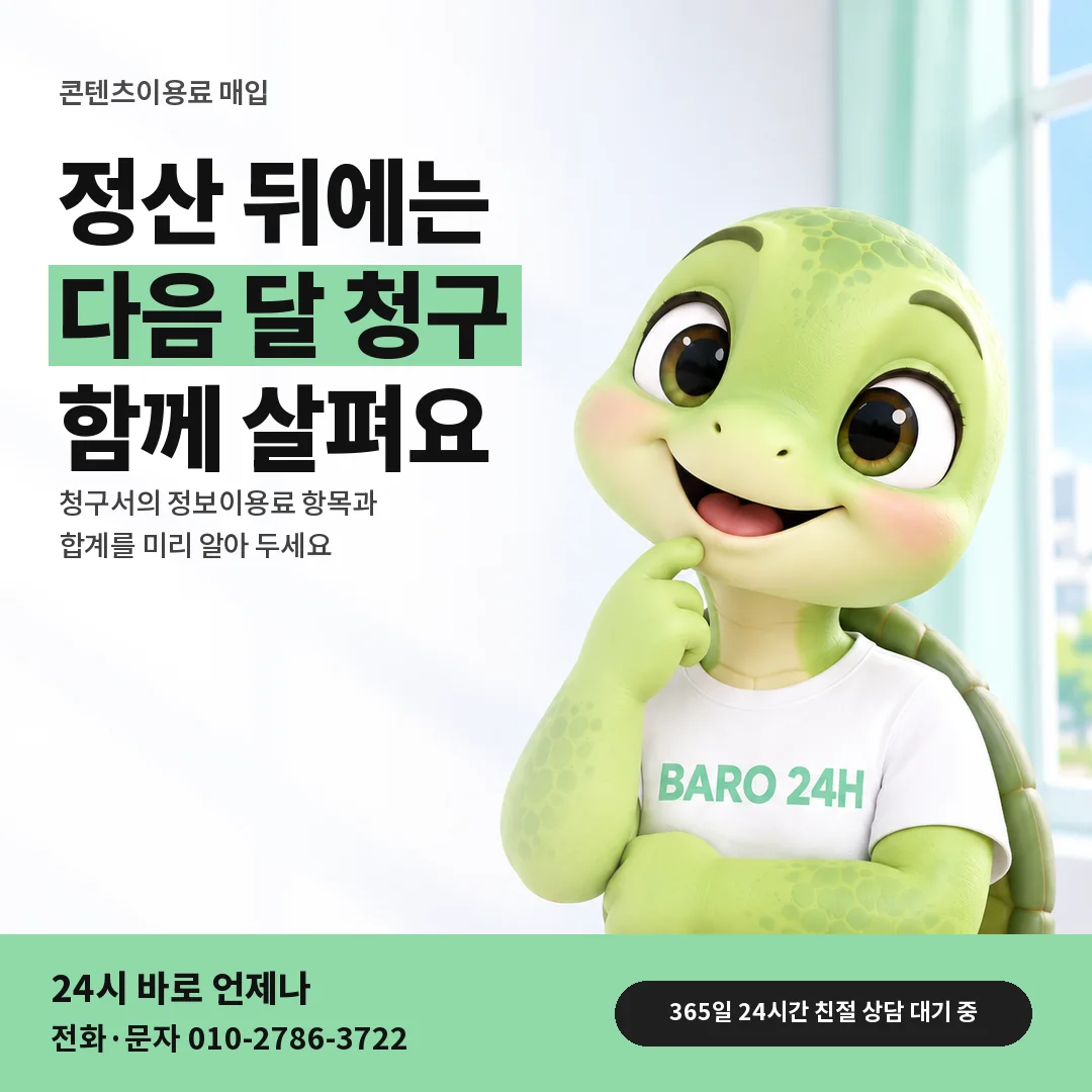 BARO 24H 티셔츠를 입은 3D 거북이 캐릭터 옆에 「정산 뒤 청구 확인」 제목을 얹은 안내 카드