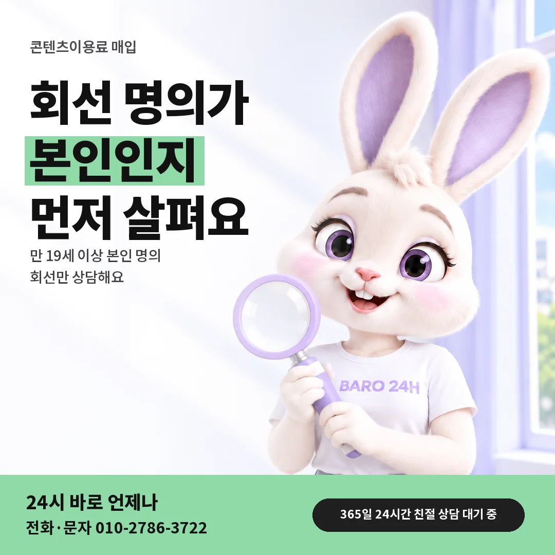 돋보기를 든 BARO 24H 티셔츠를 입은 3D 토끼 캐릭터 옆에 「본인 명의 회선 확인」 제목을 얹은 안내 카드