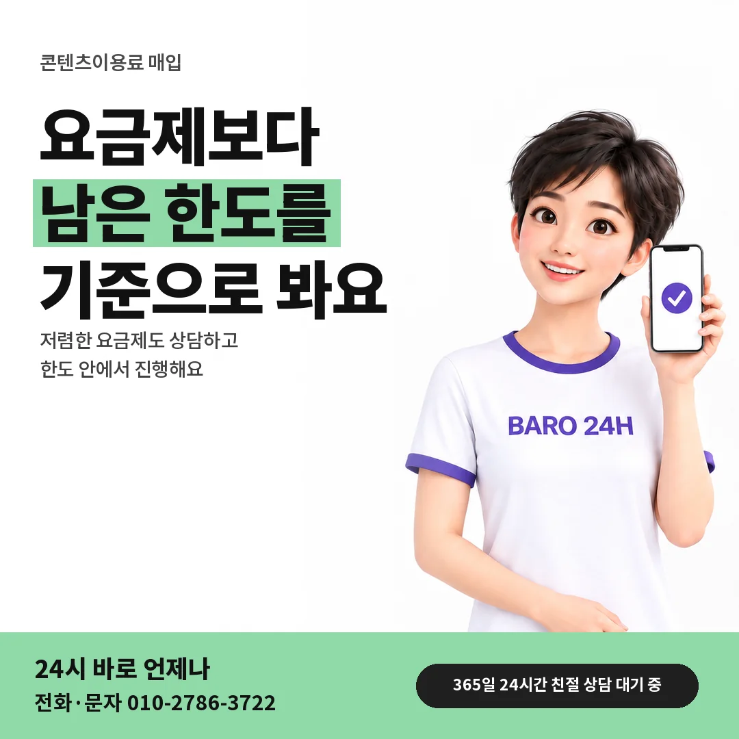 BARO 24H 티셔츠를 입은 3D 인물 옆에 「요금제와 한도 관계」 제목을 얹은 안내 카드